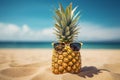 Pineapple in sunglasses on a sandy beach, the concept of a summer vacation, a seaside resort Royalty Free Stock Photo