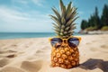 Pineapple in sunglasses on a sandy beach, the concept of a summer vacation, a seaside resort Royalty Free Stock Photo