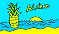 A pineapple swims in the blue sea under a turquoise sky with a Hawaiian greeting