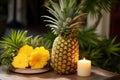 Pineapple on the table with a candle in the background, Tropical delight Behold the pineapple, AI Generated Royalty Free Stock Photo