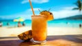 Pineapple tropical cocktails on a beach, alcoholic cocktails white sand and ocean background. Summer sea vacation and Royalty Free Stock Photo