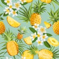 Pineapple and Tropical Flowers Seamless Pattern, Vector Fashion Exotic Background, Plumeria Fruits Texture Royalty Free Stock Photo