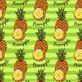 Pineapple tropical fruits seamless pattern, Hand-drawn pineapples lettering pineapple on a striped background Royalty Free Stock Photo