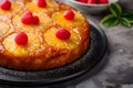 Pineapple Upside-Down Cake - Homemade Dessert with Caramelized Pineapple Slices on Moist Vanilla Cake Royalty Free Stock Photo