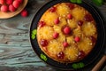 Pineapple Upside-Down Cake - Homemade Dessert with Caramelized Pineapple Slices on Moist Vanilla Cake