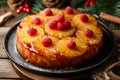 Pineapple Upside-Down Cake - Homemade Dessert with Caramelized Pineapple Slices on Moist Vanilla Cake