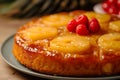 Pineapple Upside-Down Cake - Homemade Dessert with Caramelized Pineapple Slices on Moist Vanilla Cake Royalty Free Stock Photo