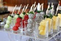 Pineapple watermelon melon and dragon fruit on buffet line