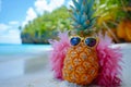 A pineapple wearing sunglasses sitting on the beach next to a pool. Generative AI Royalty Free Stock Photo
