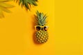 A pineapple wearing sunglasses on a yellow background. AI generative image . A lot of copy space. Royalty Free Stock Photo