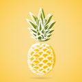 Pineapple with white outline gold surface. Yellow ripe fruit with fluffy scales and green bunch.