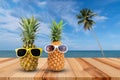 Pineapple on wooden table in a tropical landscape, Fashion hipster pineapple, Bright summer color, Tropical fruit with sunglasses
