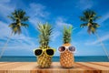 Pineapple on wooden table in a tropical landscape, Fashion hipster pineapple, Bright summer color, Tropical fruit with sunglasses Royalty Free Stock Photo