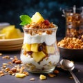 Pineapple Yogurt Granola Parfait with Sliced Nuts: Tropical Delight, Generative Ai