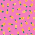 Pineapples doodle style on pink seamless vector background. Repeating tropical pattern. Hand drawn exotic fruit isolated