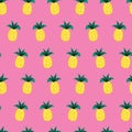Pineapples doodle style on pink seamless vector pattern. Repeating tropical background. Hand drawn exotic fruit isolated