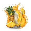 Pineapples and a glass of splashing juice on a white background. Royalty Free Stock Photo