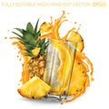 Pineapples and a glass of splashing juice on a white background. Royalty Free Stock Photo