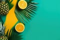 Pineapples and oranges on a green and yellow background. AI generative image . A lot of copy space. . A lot of copy Royalty Free Stock Photo