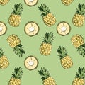 Color pattern of pineapples and pineapple slices on a green background.