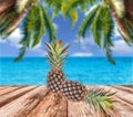 Pineapples put on brown wooden at the beautiful sea with blue-sky Royalty Free Stock Photo