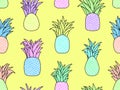 Pineapples with stroke seamless pattern. Summer tropical fruit pineapple with leaves on yellow background. Tropical design for T- Royalty Free Stock Photo