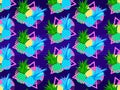 Pineapples and sunset 80s style seamless pattern. Synthwave and retrowave style. Retro futuristic sun. Design for advertising