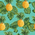 Pineapples and Tropical Leaves Background