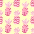 Pineapples on the white background. Vector seamless pattern with tropical fruit. Cute girl style, pink and yellow