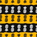 Pineapples on the white background. Vector seamless pattern tropical fruit. Orange and black with stripes