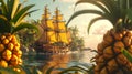 A pineapplethemed pirate ship with sails made of giant pineapple leaves cruising through the waters of Pineapple