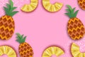 Pineappple. Top view. Anana in paper cut style. Origami juicy ripe slices. Healthy food on pink. Summertime.