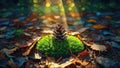 Pinecone on Green Moss Among Fallen Leaves in Forest with Sunlight Filtering Through the Trees Royalty Free Stock Photo