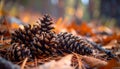 Three brown pinecones lying on a bed of orange pine needles and fallen leaves Royalty Free Stock Photo