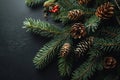 a pinecones and pine cones on a black surface Royalty Free Stock Photo