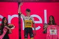 Pinerolo, Italy May 26, 2016; Steven Kruijswijk on the podium in pink jersey is the leader of the General Classification after fin