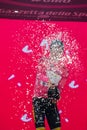 Pinerolo, Italy May 26, 2016; Steven Kruijswijk on the podium in pink jersey is the leader of the General Classification after fin