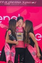 Pinerolo, Italy May 26, 2016; Steven Kruijswijk on the podium in pink jersey is the leader of the General Classification after fin