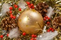 Pines cones, feather, red berries and golden Christmas ball on a golden tinsel Royalty Free Stock Photo