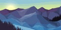 Pines and Mountain Peaks Covered with Snow Horizontal Landscape Vector Illustration