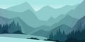 Pines and Mountain Peaks Covered with Snow Horizontal Landscape Vector Illustration