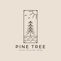 pines tree vector logo icon and symbol template illustration graphic design with sun burst and bird minimalist line art style Royalty Free Stock Photo