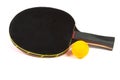 Ping pong black racket with yellow ball Royalty Free Stock Photo