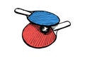 Ping-pong blue and red rackets and ball hand drawn outline sketch. Table tennis equipment. Ping pong game paddles logo