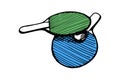 Ping-pong green and blue rackets and ball hand drawn outline sketch. Table tennis equipment. Ping pong game paddles logo