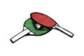 Ping-pong green and red rackets and ball hand drawn outline sketch. Table tennis equipment. Ping pong game paddles logo