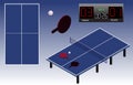 Ping Pong isometric playground table, ball, rackets, and scoreboard. Ping Pong playground top view. Isolated