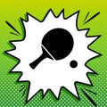 Ping pong paddle with ball. Black Icon on white popart Splash at green background with white spots. Illustration