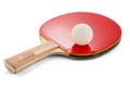 Ping pong paddle and ball isolated on white background with shadows. Selective focus. Royalty Free Stock Photo