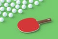 Ping pong paddle with balls on green background. Game for leisure. Sport equipment Royalty Free Stock Photo